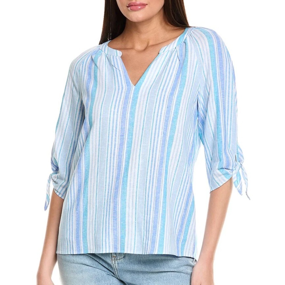 NWT Jones New York Raglan Sleeve Linen-Blend Blue Striped Blouse, Size PL